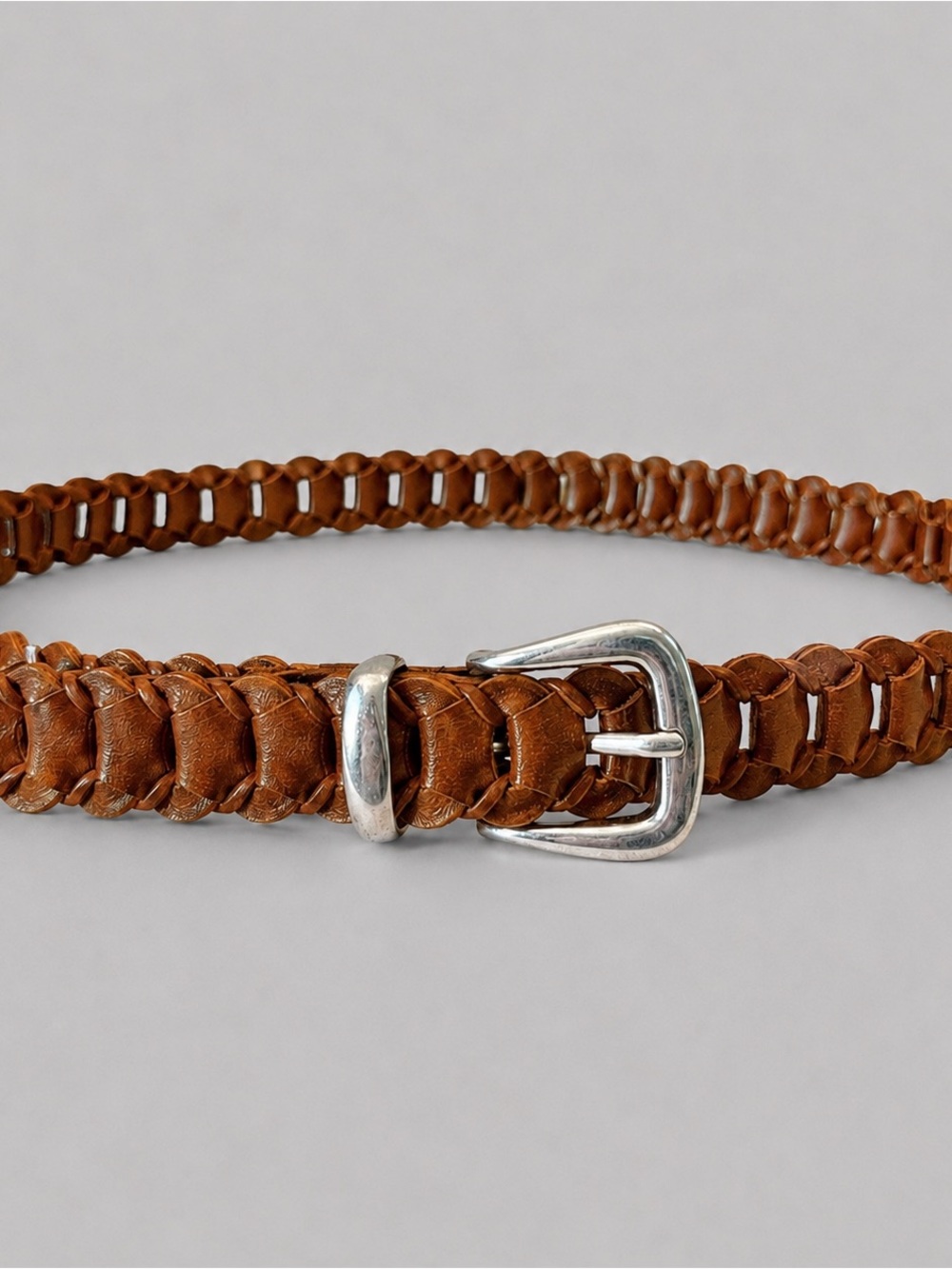 Hunt Club Cognac Women’s Brown Braided Buffalo Leather Belt Silver Tone Buckle L
